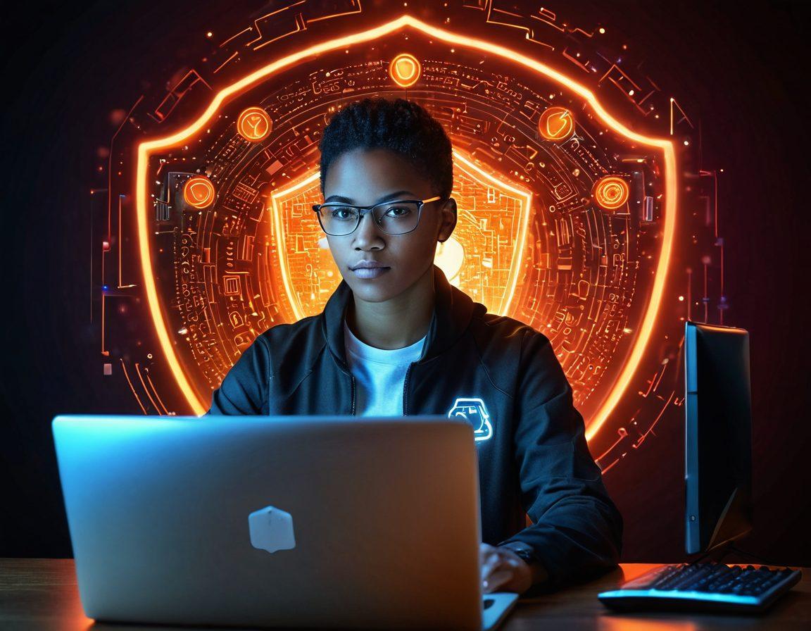 A person sitting at a computer surrounded by a glowing digital shield, representing online security. Symbols of locks, keys, and networks float around to illustrate identity safeguarding. The background shows a stylized, secure digital environment with binary code and firewall imagery. The individual's expression should convey confidence and focus. vibrant colors. super-realistic.