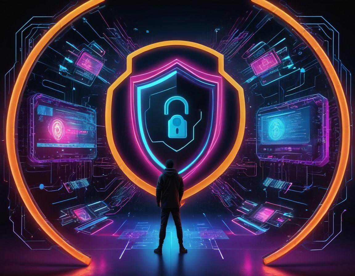 A futuristic digital landscape illustrating various cyber threats like malware and hacking, contrasted with symbols of security like locks and shields. The scene includes a diverse group of people using various devices in a secure environment, representing virtual safety. Bright neon colors and circuit patterns intertwine with a dark backdrop to highlight urgency and protection. 3D effect. vibrant colors. cyberpunk.