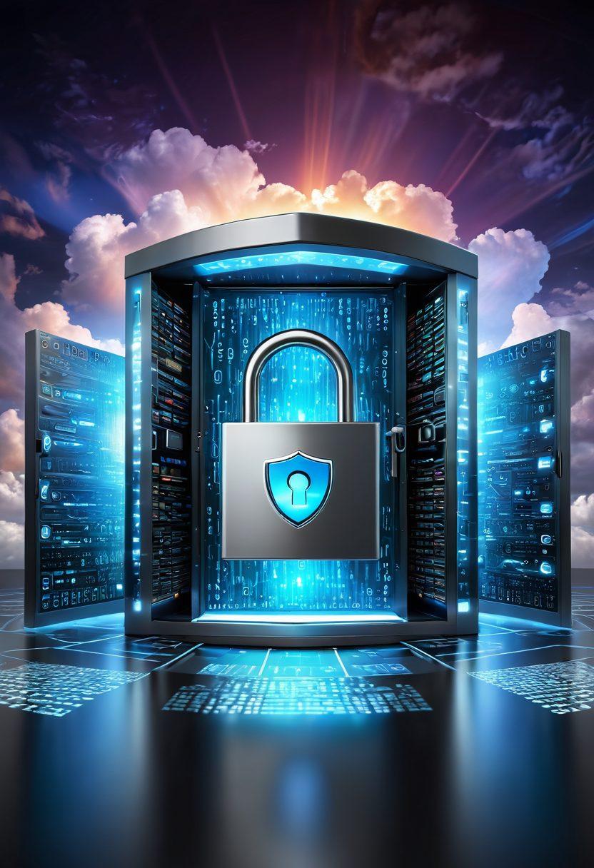 A digital landscape showcasing a secure vault that symbolizes data protection, surrounded by glowing shields representing personal information security. Include visual elements like binary code streams and a padlock icon, with a serene background of a cloud connected to a user. The scene should convey a sense of safety and technology. super-realistic. vibrant colors. 3D.